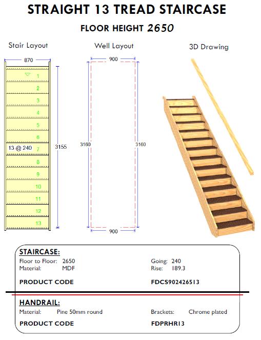 straight 13 tread staircase with handrail for shed homes