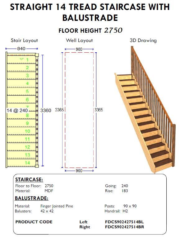 straight 14 tread stairs case with balustrade for shed or house