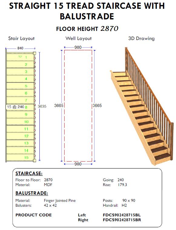 straight 15 tread staircase with balustrade for sheds and homes