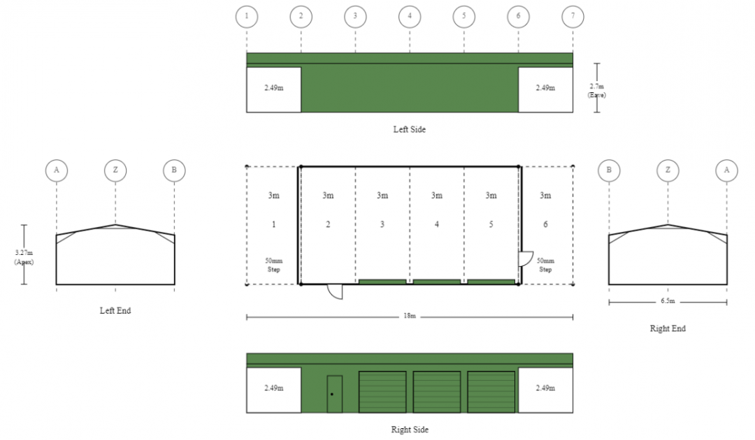 6.5m x 18m x 2.7m Long Narrow 6 Bay Shed With 3 Roller Doors and 1 PA