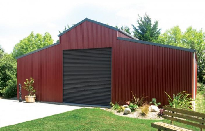 red barn shed with b&d roller doors