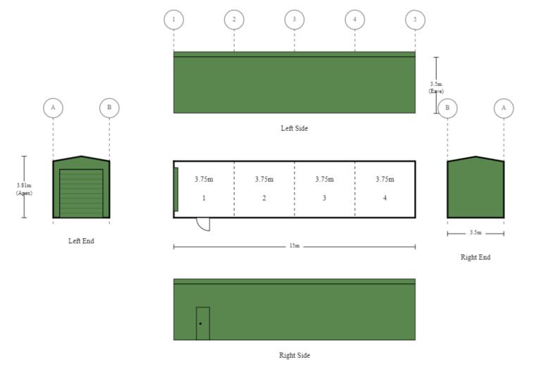 Picture of 3.5m x 15m x 3.5m Region B 4 Bay Narrow Shed With Roller Door and PA Door