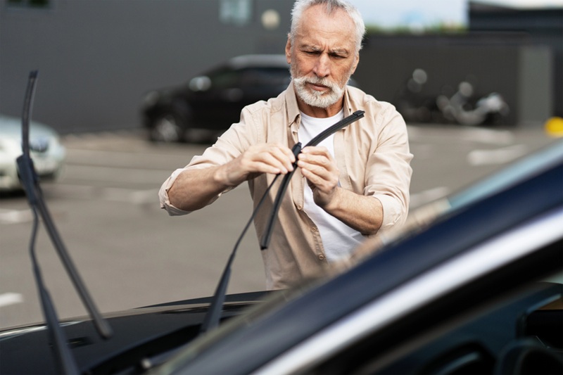Bearded senior man carefully installing new wiper blades on his car Bearded senior man carefully installing new wiper blades on his car