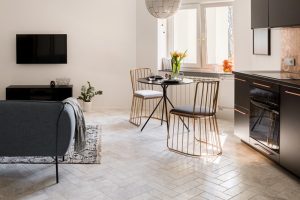 Living room and kitchen with table