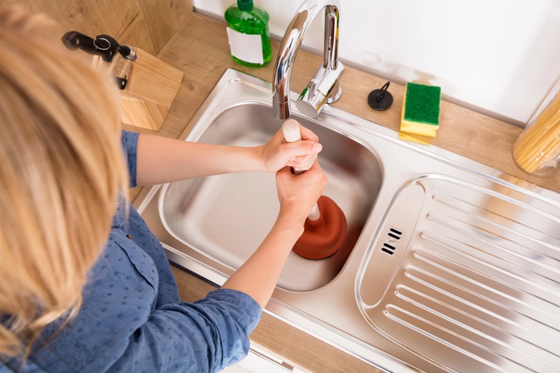 Woman Using Plunger In Sink