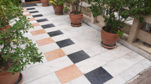 Elegant garden pathway with potted plants and tiled design