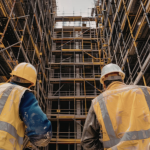 Construction workers inspecting building scaffolding