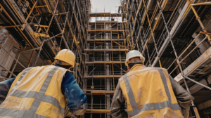 Construction workers inspecting building scaffolding
