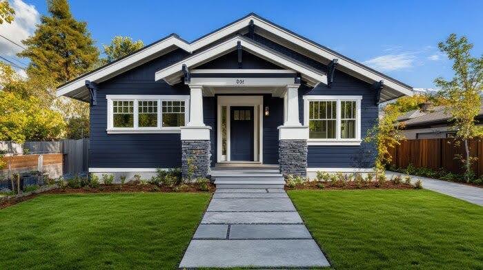 house with dark blue walls with green front lawn