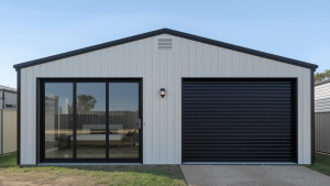 shed home with a sliding glass door and a garage with a roller door
