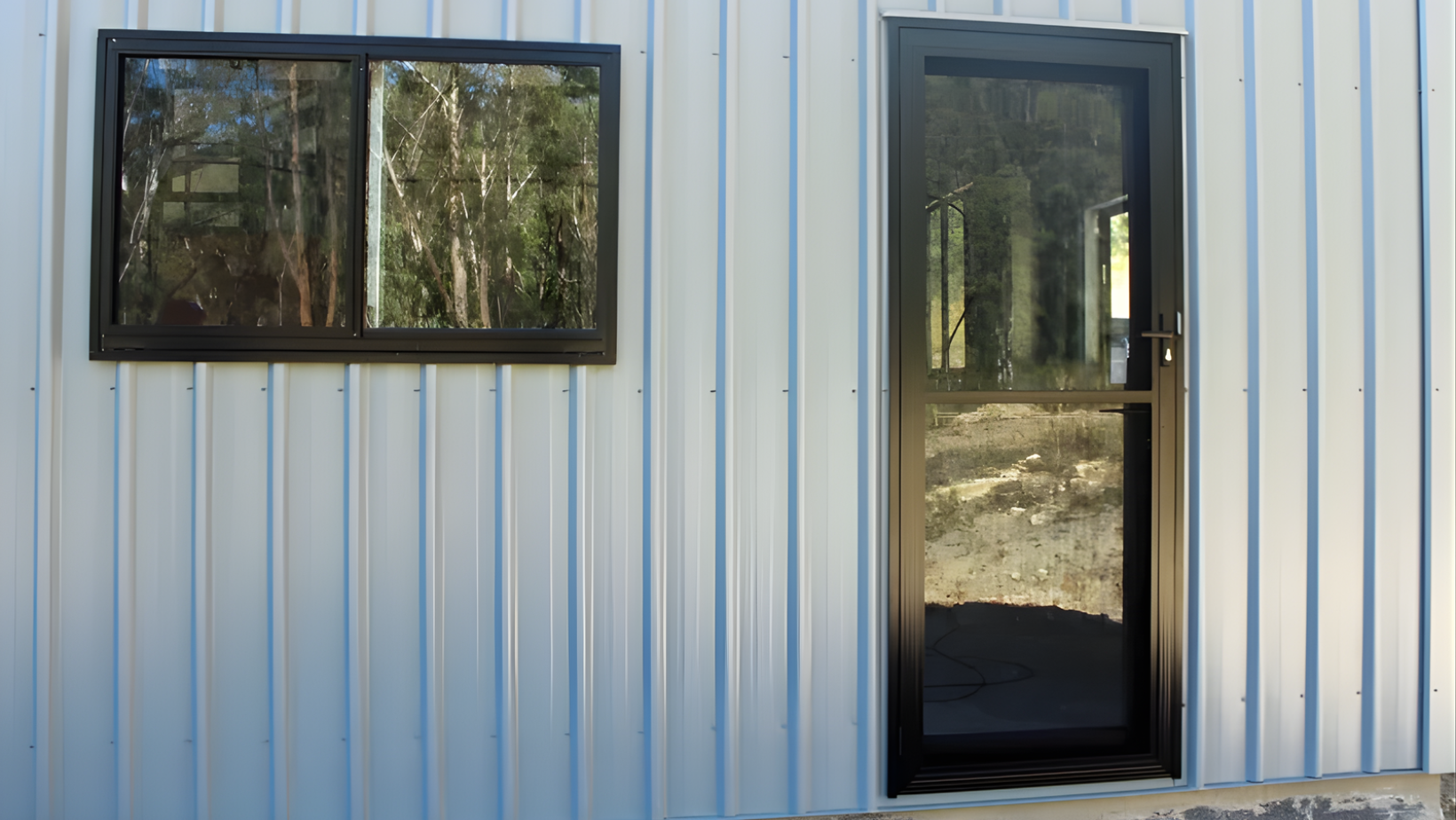 steel shed with a glass pa hinge door