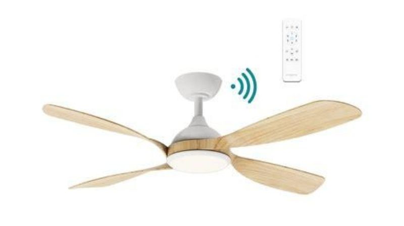 A modern ceiling fan with wooden blades that can be controlled using a remote
