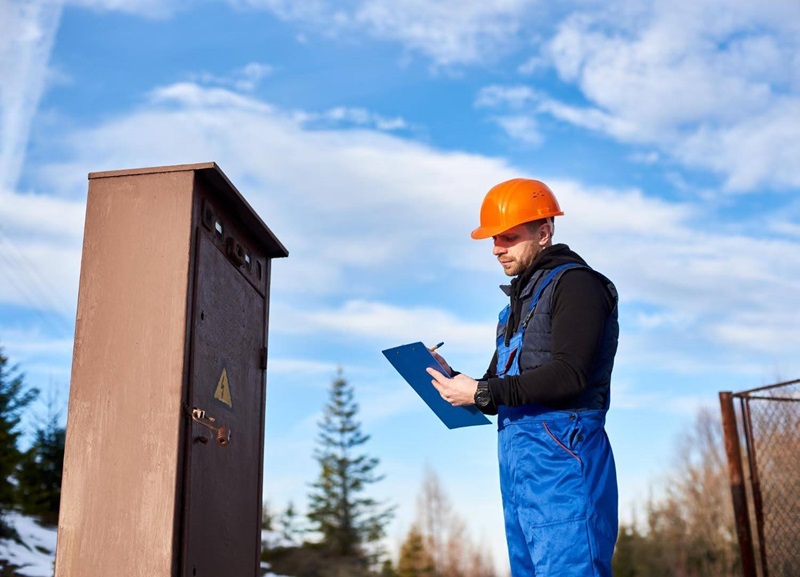 Worker takes notes on a clipboard while inspecting an outdoor utility box