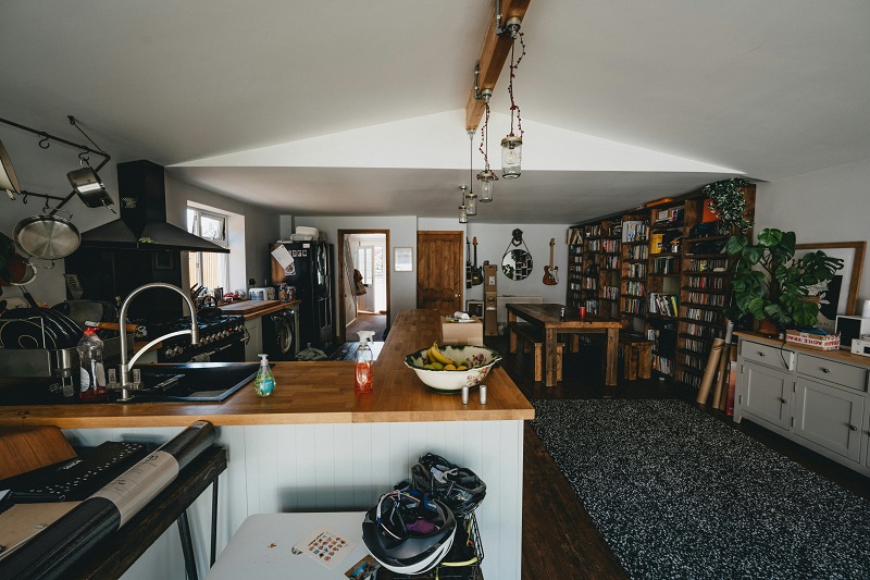 a cozy, open-concept living space that blends rustic charm