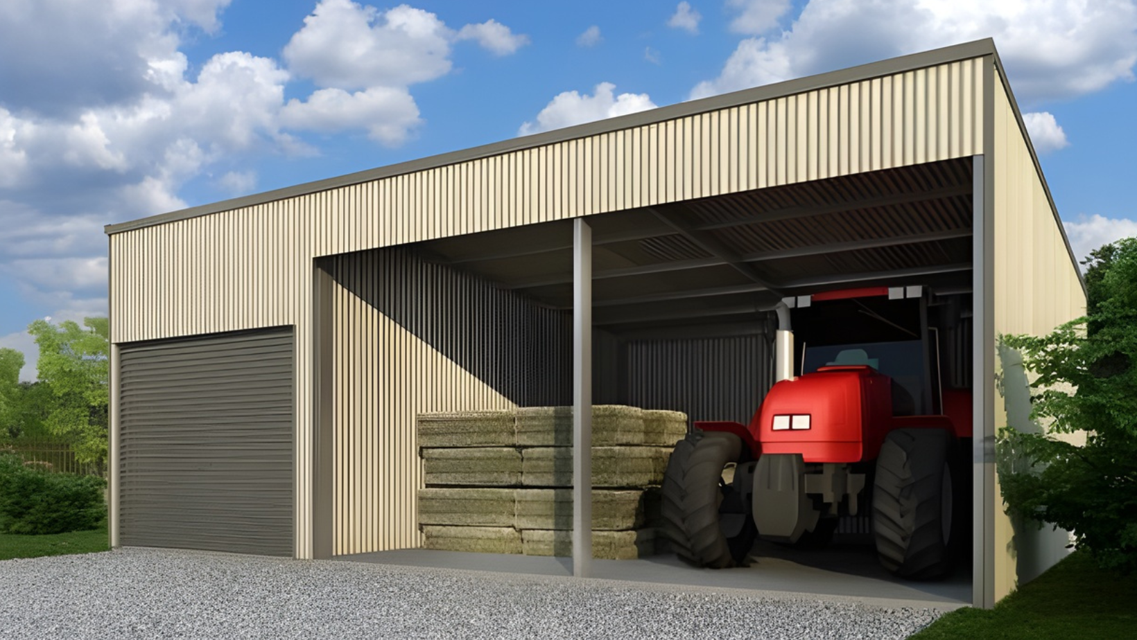 farm shed with hay and tractor inside
