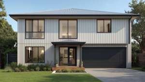 modern steel shed in surfmist with sliding windows and doors and a garage