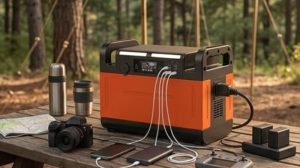 portable power station sitting on a wooden picnic table in a forest setting