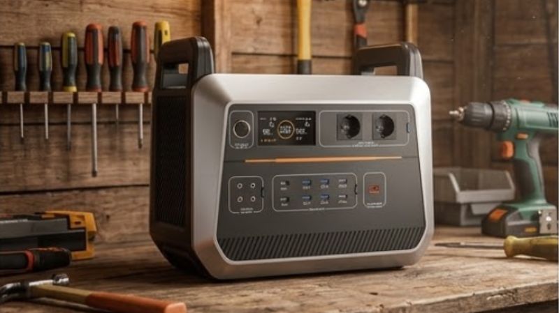 portable power station sitting on a wooden workbench