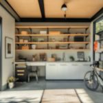 A sunlit, minimalist studio with sleek shelving and garden views