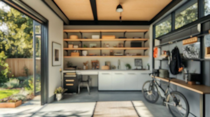 A sunlit, minimalist studio with sleek shelving and garden views