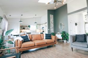 a bright, open-concept living space with a modern, mid-century aesthetic