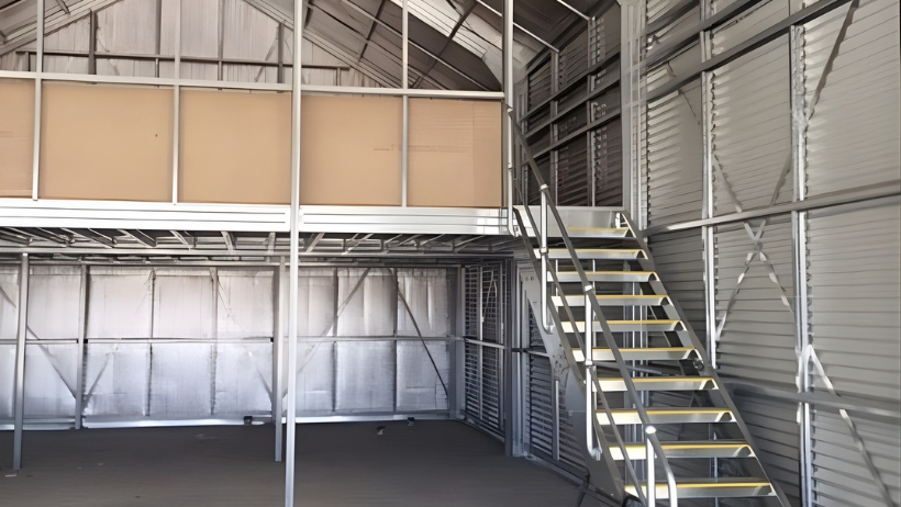 mezzanine floor being installed on a steel shed