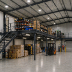 Industrial warehouse with mezzanine storage, a stairway, and pallets of boxes; a forklift sits in the open floor area under bright overhead lights.