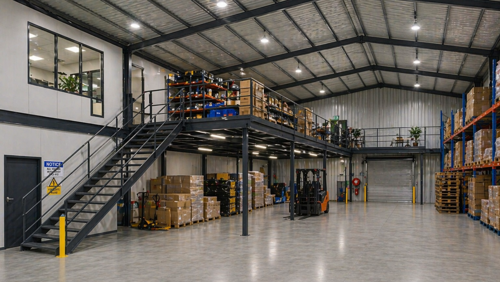 Industrial warehouse with mezzanine storage, a stairway, and pallets of boxes; a forklift sits in the open floor area under bright overhead lights.