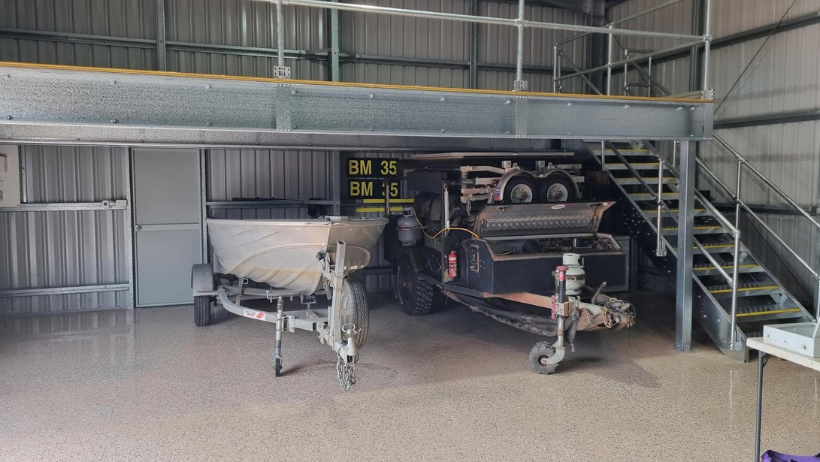 mezzanine floor with stairs on a steel shed
