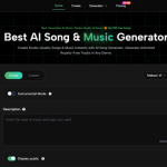 Screenshot of ToMusic.ai homepage hero: dark grid background with floating UI panel showing Simple/Custom, Instrumental Mode toggle, description box, and 'Display public' option; title reads 'Best AI Song & Music Generator'