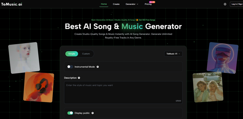 Screenshot of ToMusic.ai homepage hero: dark grid background with floating UI panel showing Simple/Custom, Instrumental Mode toggle, description box, and 'Display public' option; title reads 'Best AI Song & Music Generator'