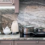 Closeup of custom designed kitchen, with marble looking quartz