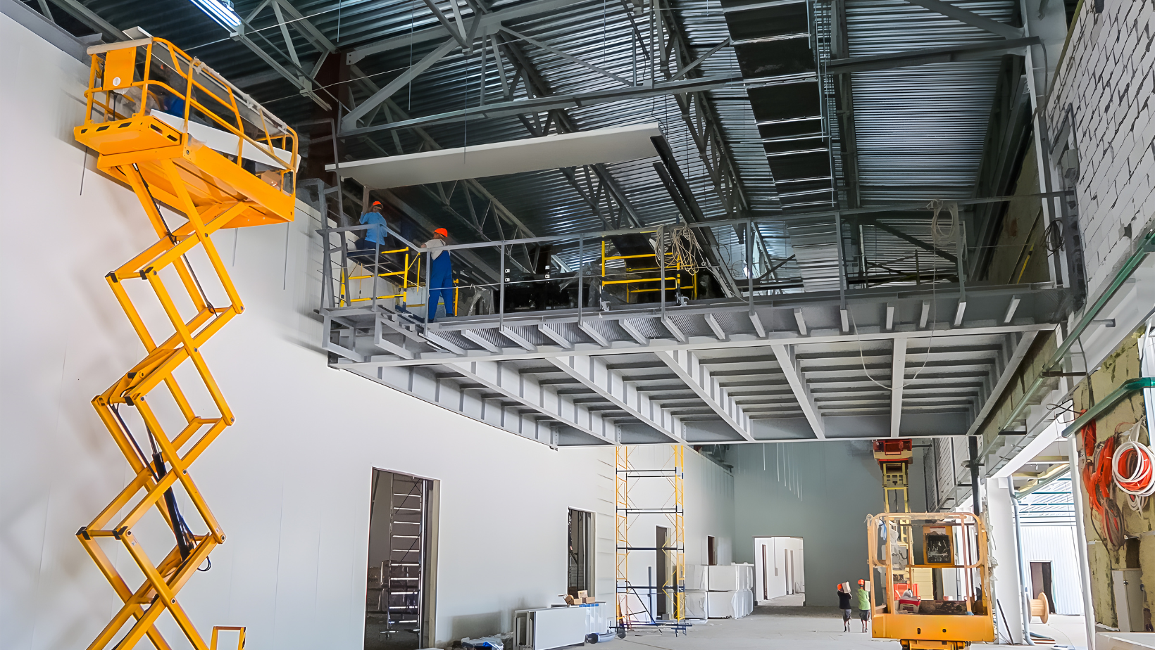 Construction site interior with scissor lift and workers on a mezzanine