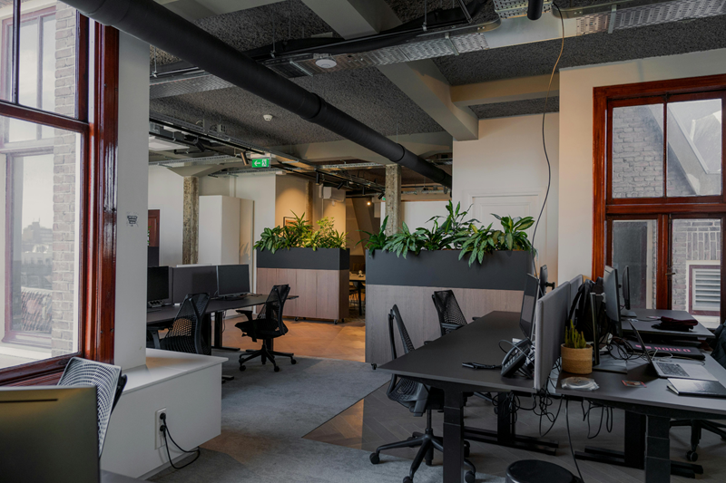 Contemporary office space with desks and plants in Amsterdam