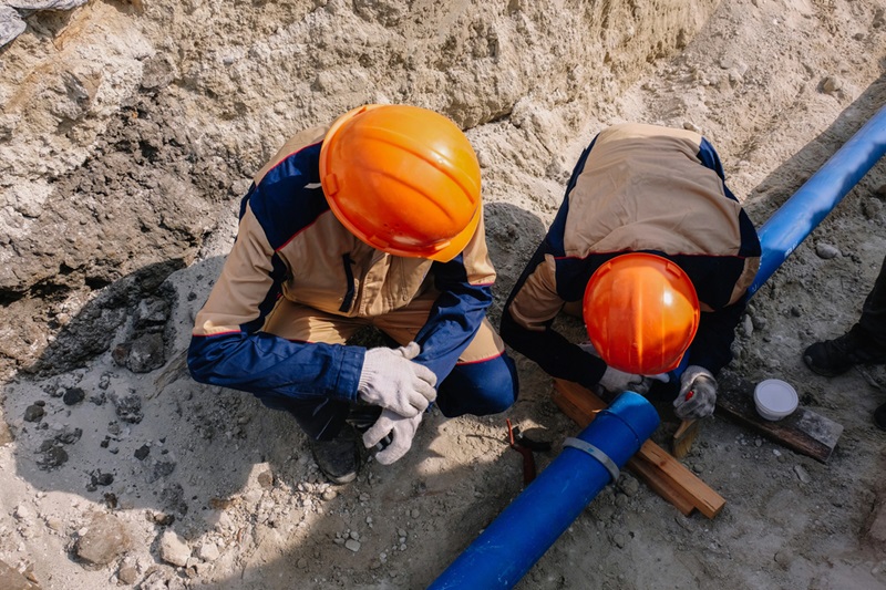 Workers are installing water supply pipeline system Workers are installing water supply pipeline system