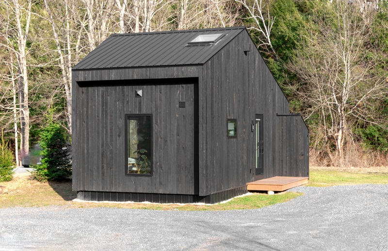 minimalist cabin features a striking black wood exterior with a matte metal roof