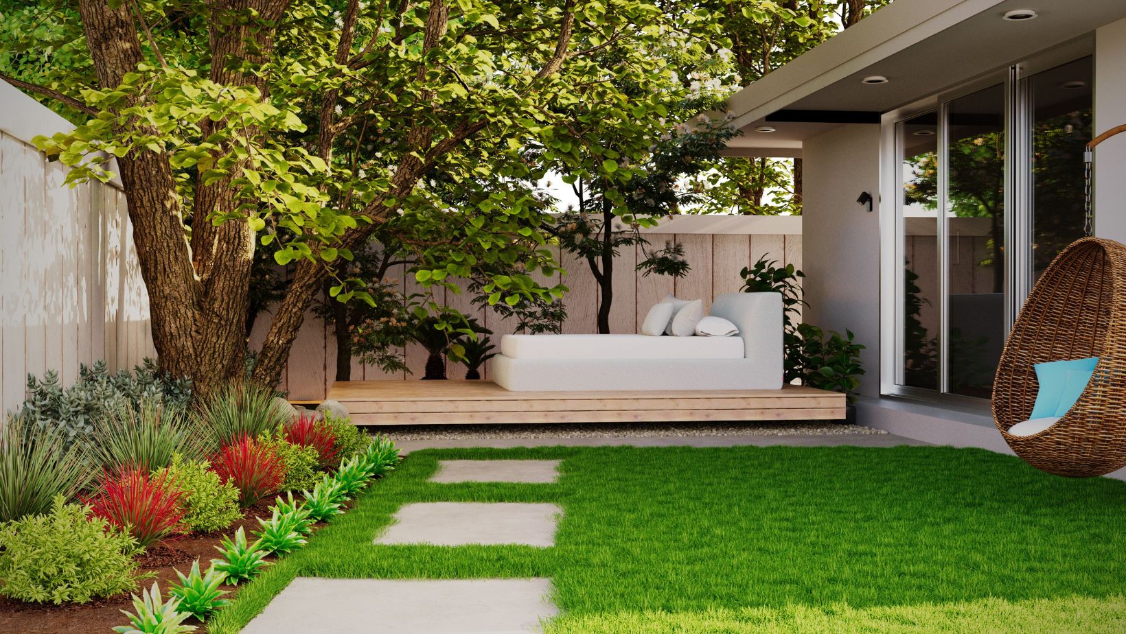 A serene outdoor patio with lush garden, wooden decking, and hammock seating