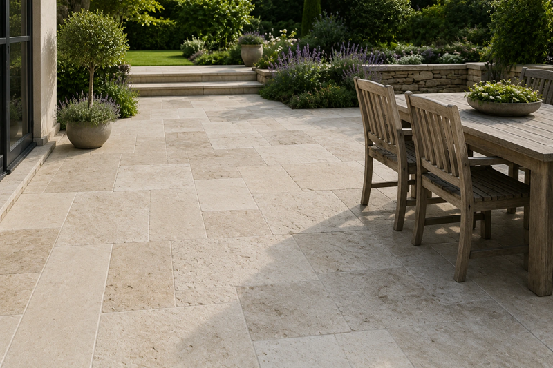 Elegant Limestone Outdoor Paving with Dining Set Elegant Limestone Outdoor Paving with Dining Set