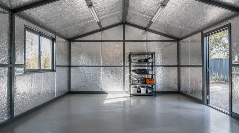 Fully Insulated Steel Shed Interior with Radiant Barrier