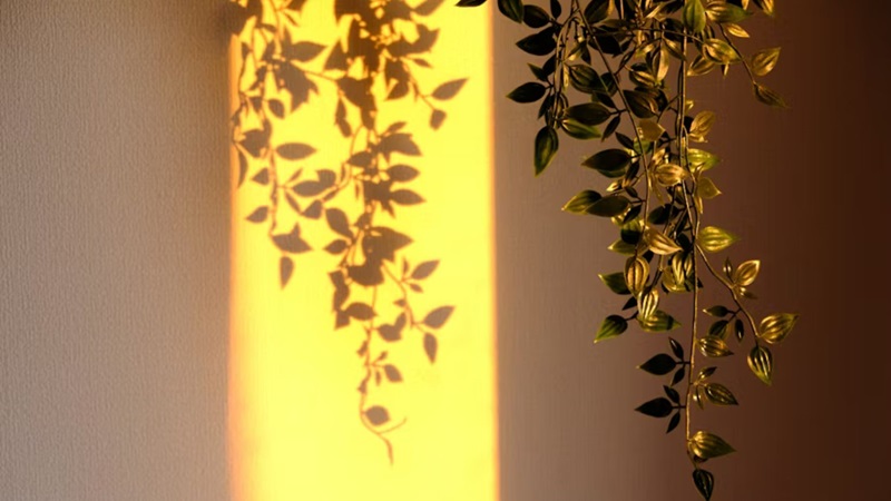 Trailing green vines hanging from the top, illuminated by warm yellow light on a wall.