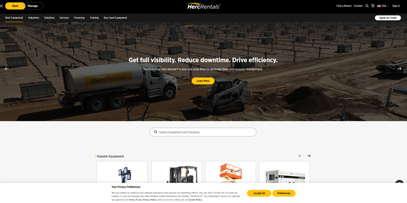 Herc Rentals Website Homepage Interface