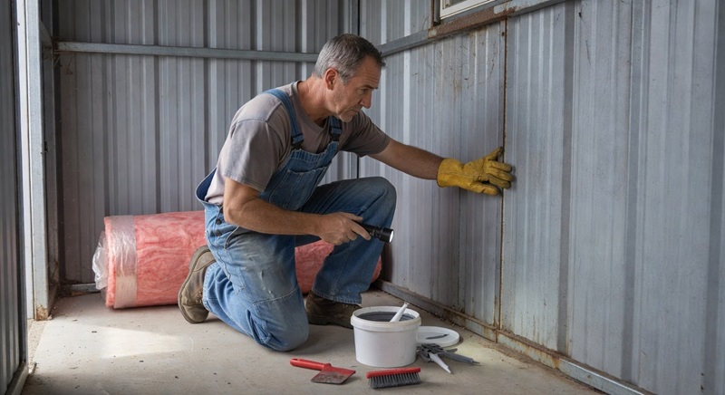 Man Inspecting and Sealing a Metal Shed Wall