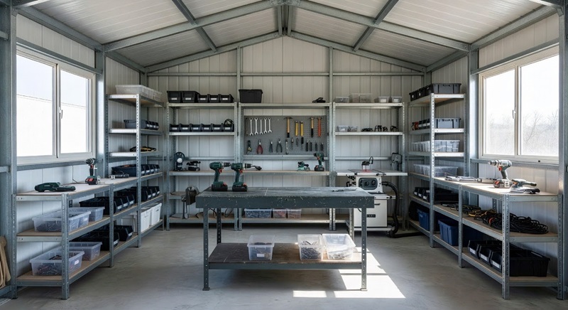 Organized Metal Shed Workshop and Tool Storage System