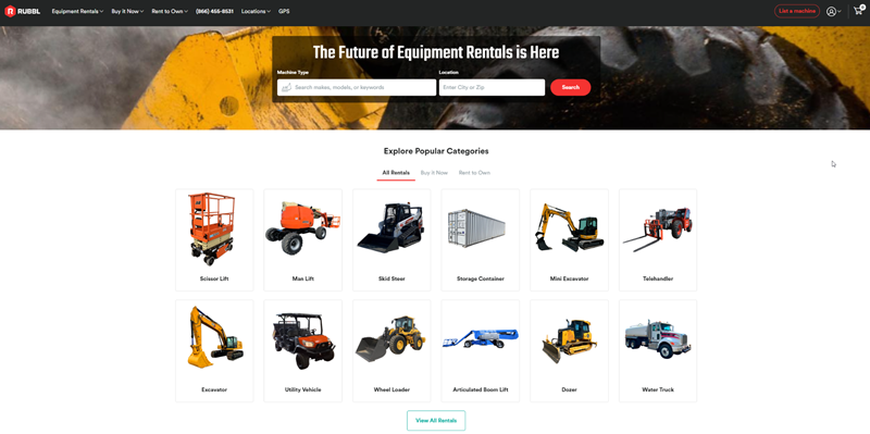 Rubbl Heavy Equipment Rental Website Interface