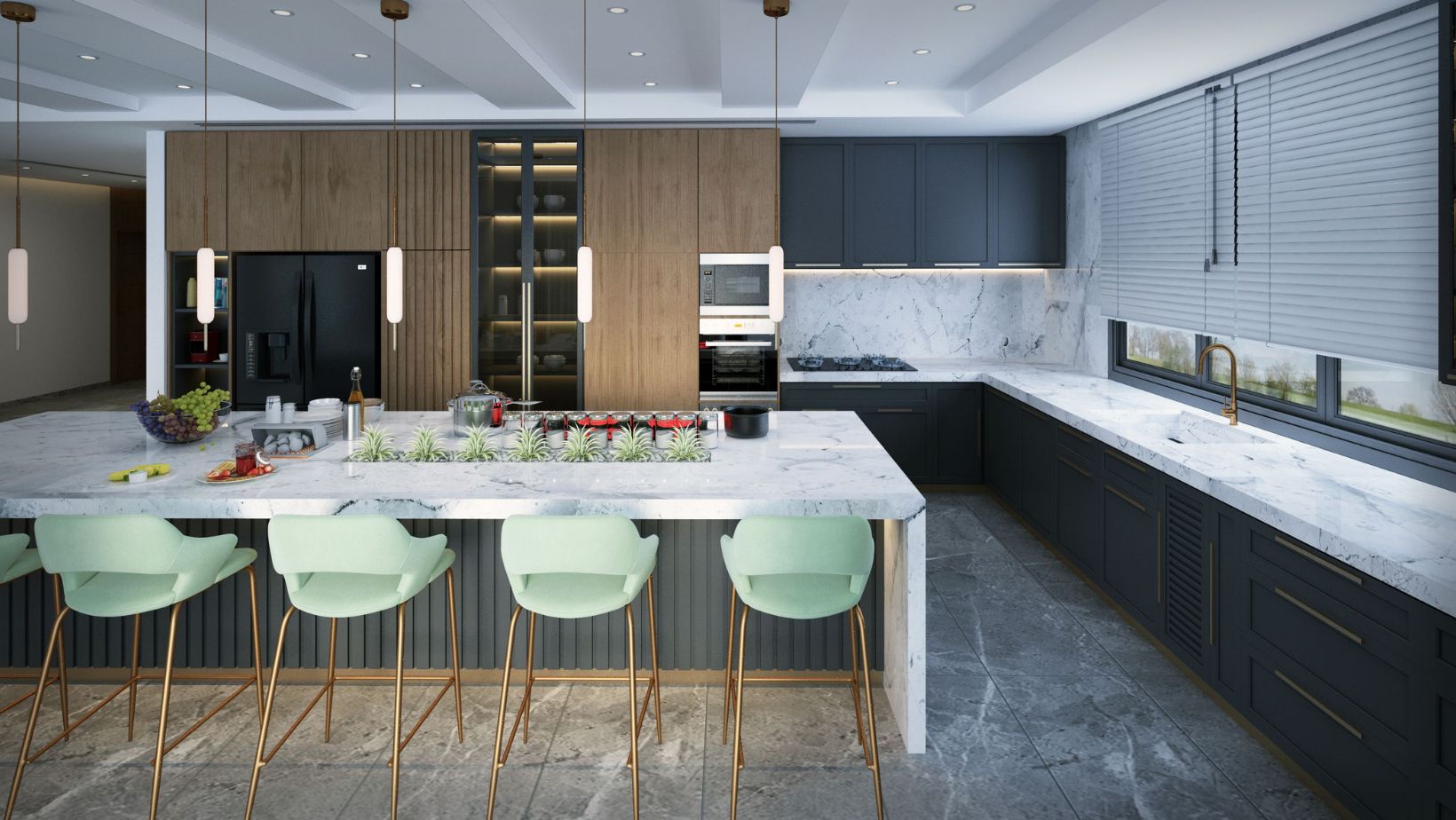 Spacious modern kitchen featuring marble countertops, mint green bar stools, and elegant pendant lighting