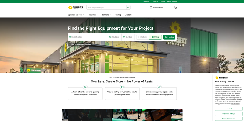 Sunbelt Rentals Website Homepage Interface