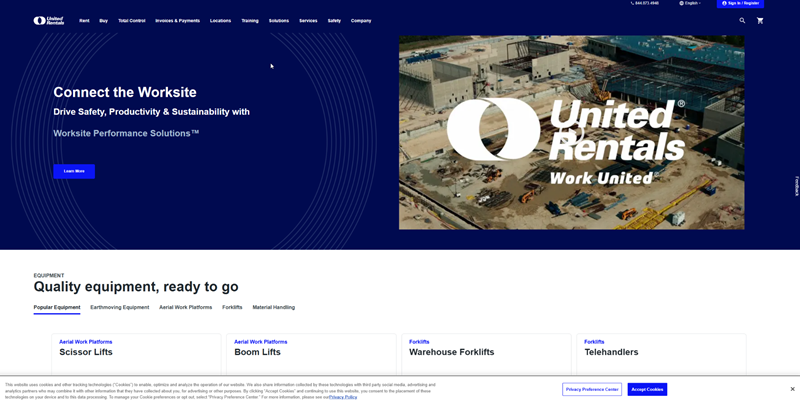 United Rentals Website Homepage Interface