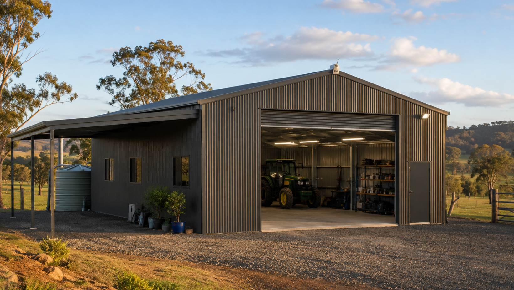 steel shed in a rural area in australia