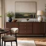 Elegant Dining Room with Fluted Walnut Sideboard and Gold Accents