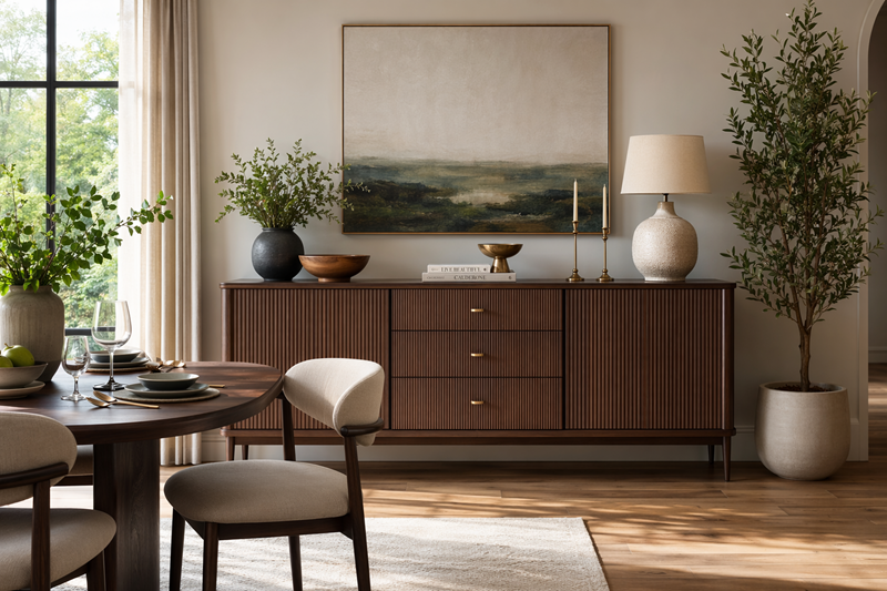 Elegant Dining Room with Fluted Walnut Sideboard and Gold Accents Elegant Dining Room with Fluted Walnut Sideboard and Gold Accents